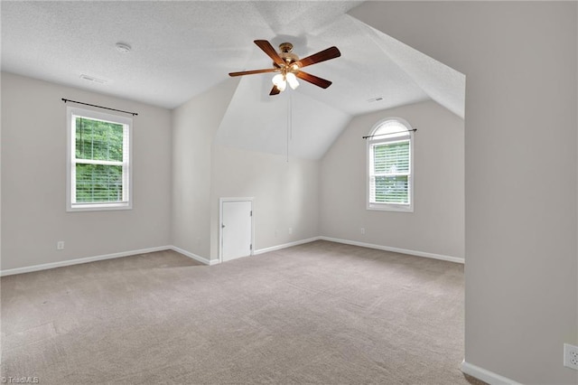 additional living space with carpet flooring, healthy amount of natural light, a ceiling fan, vaulted ceiling, and a textured ceiling