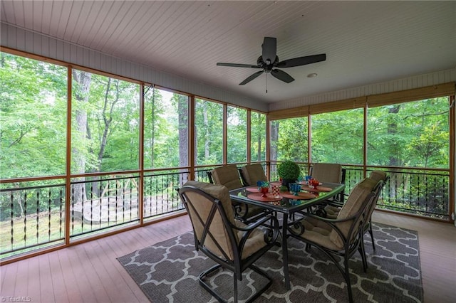sunroom / solarium featuring ceiling fan and outdoor dining area