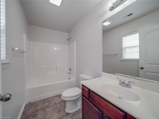 full bathroom with washtub / shower combination, vanity, and toilet