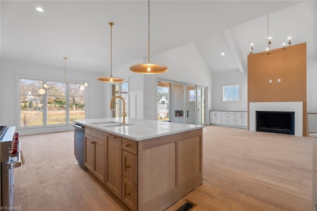 kitchen with a kitchen island with sink, stainless steel appliances, hanging light fixtures, light hardwood / wood-style floors, and sink