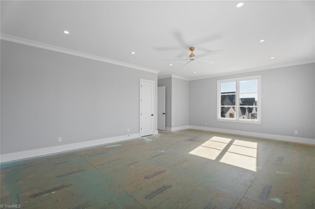 unfurnished room with ceiling fan and ornamental molding