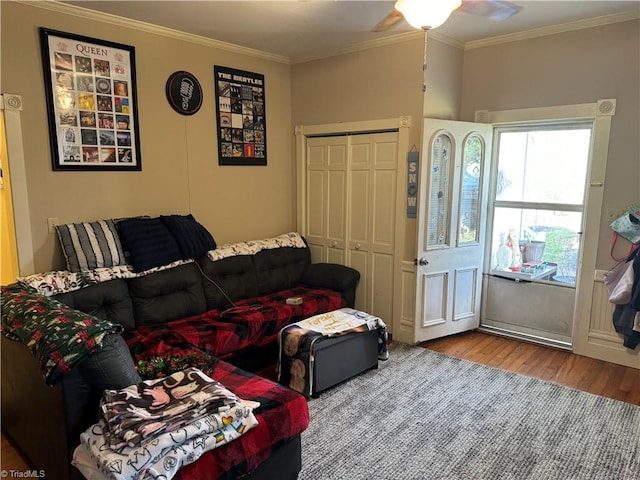 living room featuring hardwood / wood-style floors, ceiling fan, and crown molding