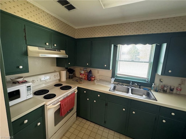 kitchen featuring green cabinets, crown molding, white appliances, and sink