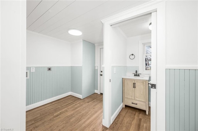 bathroom with vanity, ornamental molding, wood finished floors, and wainscoting