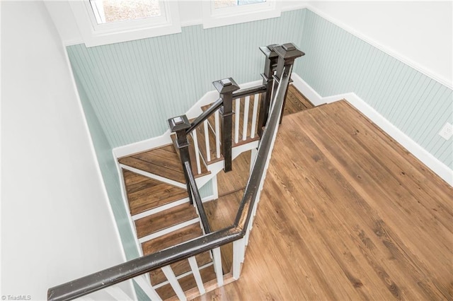 staircase with a healthy amount of sunlight and wood finished floors