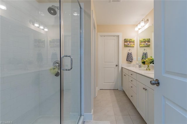 full bath featuring vanity, a shower stall, visible vents, and tile patterned floors