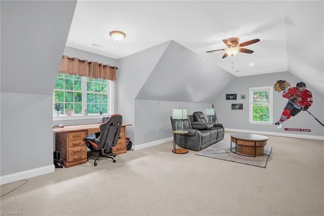 7821 Charles Place Dr, Kernersville, NC 27284 - home office with light colored carpet, vaulted ceiling, and ceiling fan