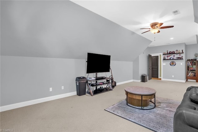 7821 Charles Place Dr, Kernersville, NC 27284 - living area featuring carpet floors, a ceiling fan, vaulted ceiling, and recessed lighting