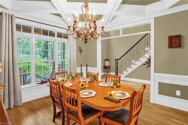 7821 Charles Place Dr, Kernersville, NC 27284 - dining space featuring a chandelier, coffered ceiling, healthy amount of natural light, light wood-style floors, and stairway