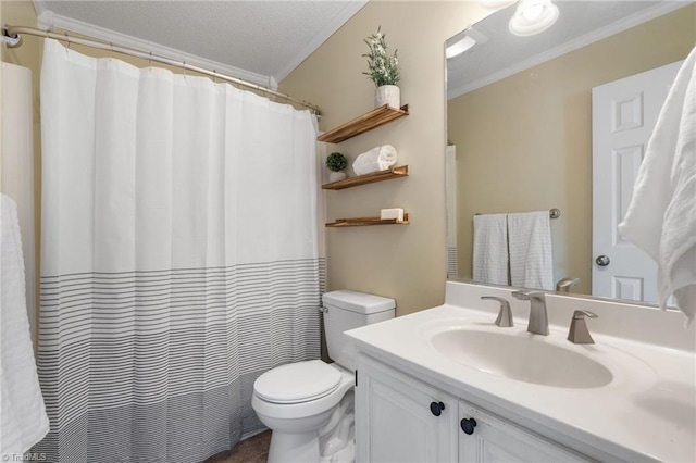 full bathroom with crown molding, toilet, a textured ceiling, vanity, and a shower with curtain