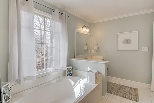 bathroom featuring baseboards, a bath, ornamental molding, and tile patterned flooring