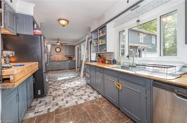 1414 Henri St, Mount Airy, NC 27030 - kitchen featuring stainless steel appliances, a sink, ceiling fan, gray cabinets, and open shelves