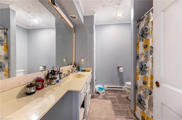 1414 Henri St, Mount Airy, NC 27030 - full bath featuring toilet, a baseboard radiator, vanity, baseboards, and stone finish flooring
