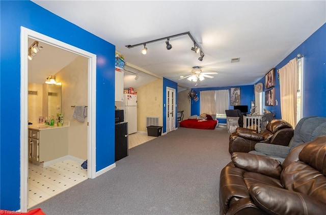 1414 Henri St, Mount Airy, NC 27030 - living room featuring track lighting, ceiling fan, carpet, and french doors