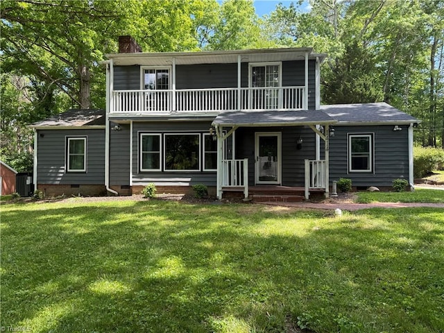 1414 Henri St, Mount Airy, NC 27030 - view of front of house with a balcony, a chimney, a front lawn, and crawl space
