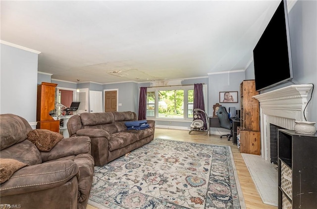 1414 Henri St, Mount Airy, NC 27030 - living area with crown molding, light wood finished floors, and a fireplace