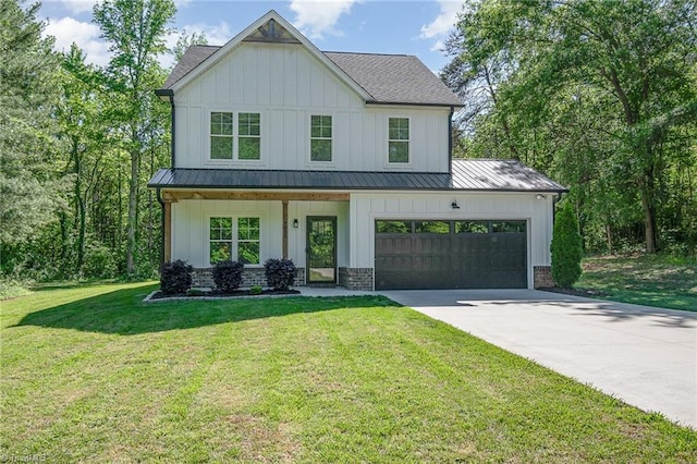 7634 Grapevine Rd, Lewisville, NC 27023 - modern inspired farmhouse with a front lawn, board and batten siding, concrete driveway, a standing seam roof, and covered porch