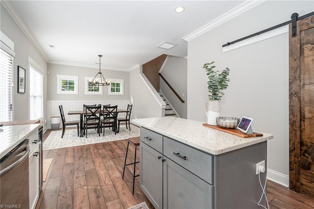 7634 Grapevine Rd, Lewisville, NC 27023 - kitchen featuring gray cabinets, stainless steel dishwasher, dark wood-style floors, a chandelier, and a breakfast bar