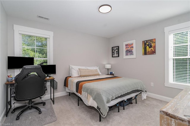 7634 Grapevine Rd, Lewisville, NC 27023 - bedroom with visible vents, baseboards, multiple windows, and light colored carpet