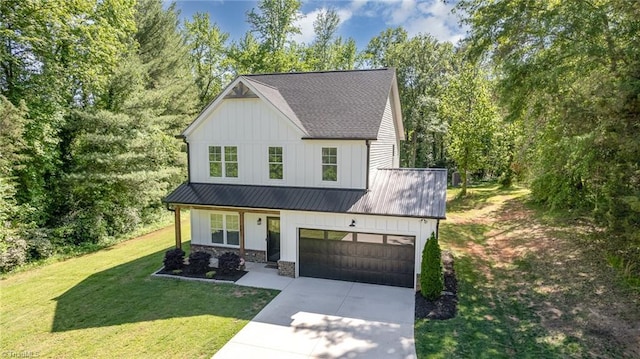 7634 Grapevine Rd, Lewisville, NC 27023 - modern inspired farmhouse featuring a garage, a front lawn, roof with shingles, board and batten siding, and driveway