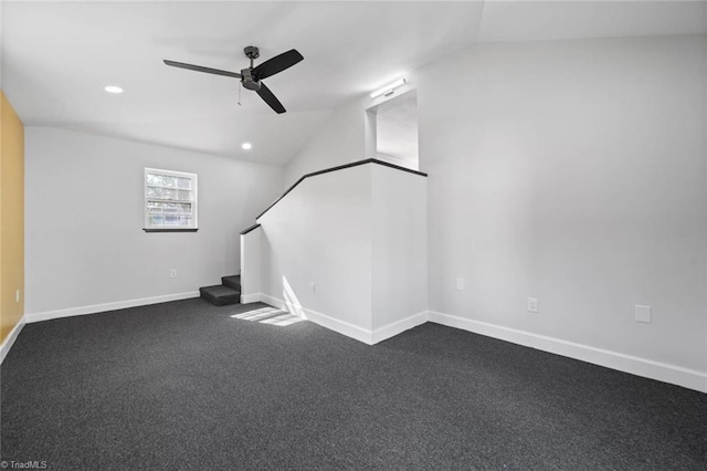 3231 Arlington Dr, Winston-Salem, NC 27103 - bonus room with lofted ceiling, a ceiling fan, stairway, recessed lighting, and dark carpet