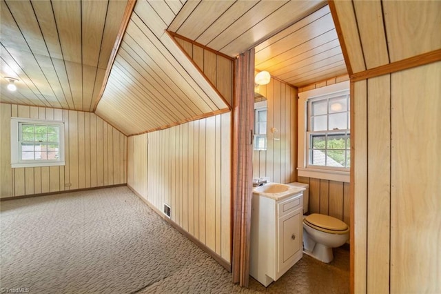 3231 Arlington Dr, Winston-Salem, NC 27103 - additional living space with wooden walls, lofted ceiling, light carpet, and wood ceiling
