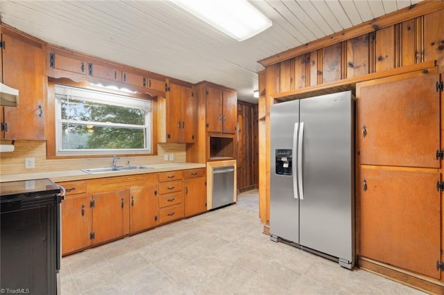 kitchen with appliances with stainless steel finishes, sink, tasteful backsplash, and wooden ceiling