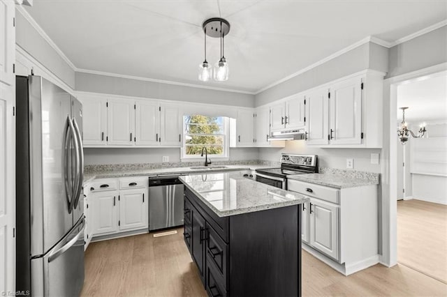 kitchen featuring appliances with stainless steel finishes, white cabinetry, sink, hanging light fixtures, and a center island