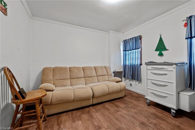 living room featuring hardwood / wood-style floors and ornamental molding