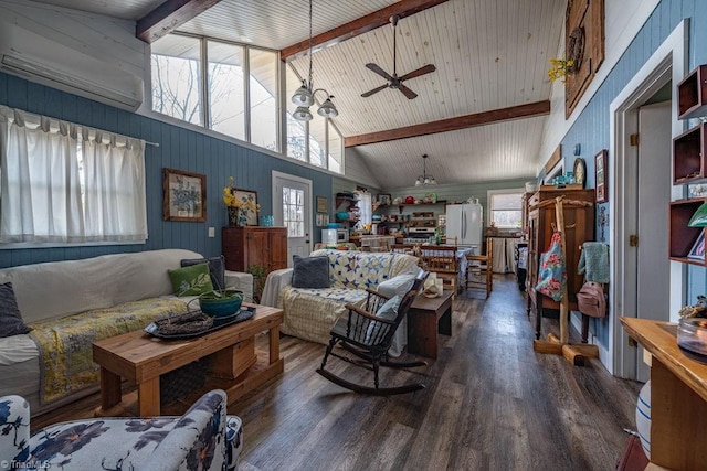 living room with beam ceiling, high vaulted ceiling, wood finished floors, and ceiling fan with notable chandelier