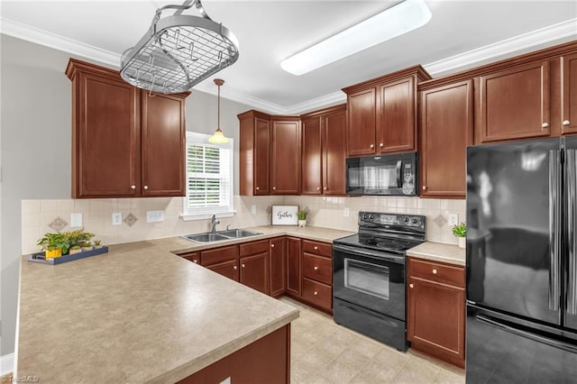 6107 Hanes Way, Clemmons, NC 27012 - kitchen featuring black appliances, crown molding, decorative light fixtures, decorative backsplash, and light countertops