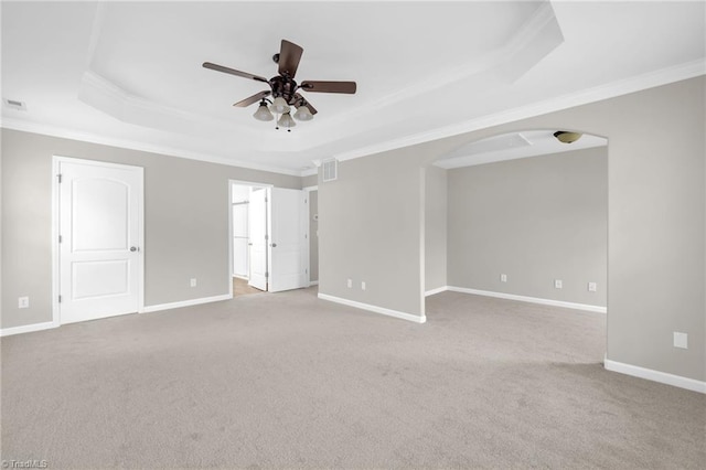 6107 Hanes Way, Clemmons, NC 27012 - unfurnished room with a raised ceiling, ornamental molding, a ceiling fan, and carpet flooring