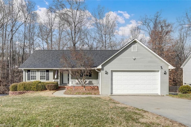 single story home with a garage, a front lawn, and covered porch