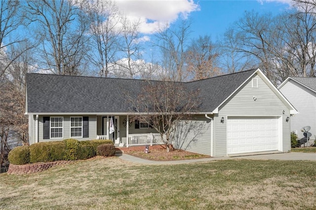 single story home with a front lawn, a porch, and a garage