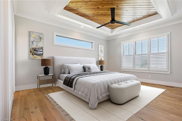 bedroom featuring light wood-type flooring, a tray ceiling, wooden ceiling, and baseboards