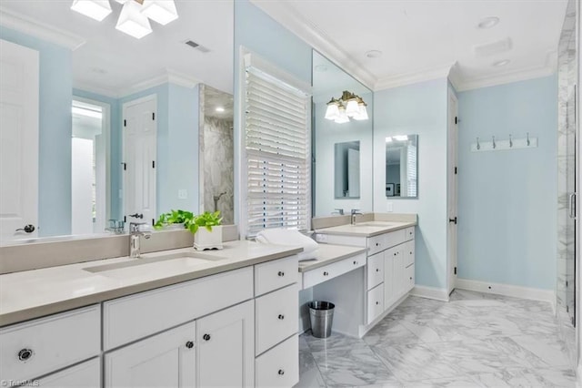 bathroom featuring vanity, crown molding, and a shower with shower door