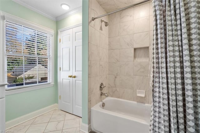 bathroom with crown molding and shower / tub combo with curtain