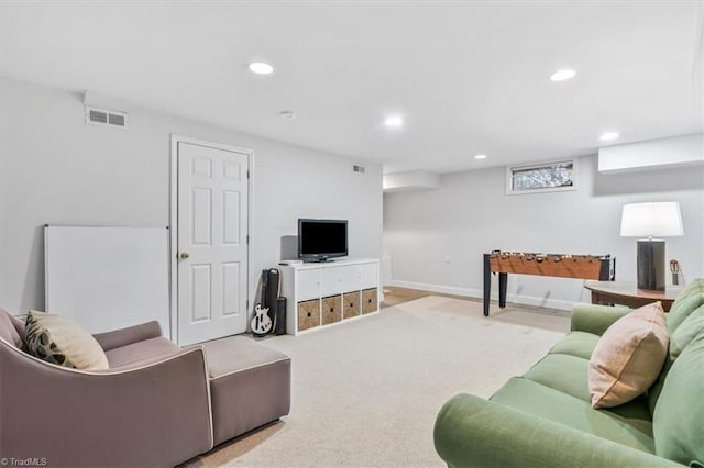 living room featuring light colored carpet