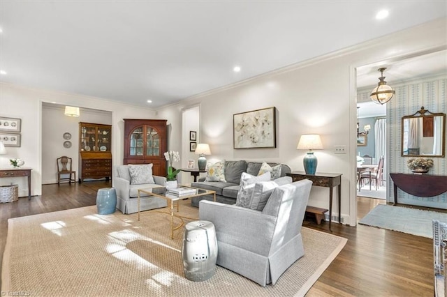 living room featuring crown molding and dark wood-type flooring