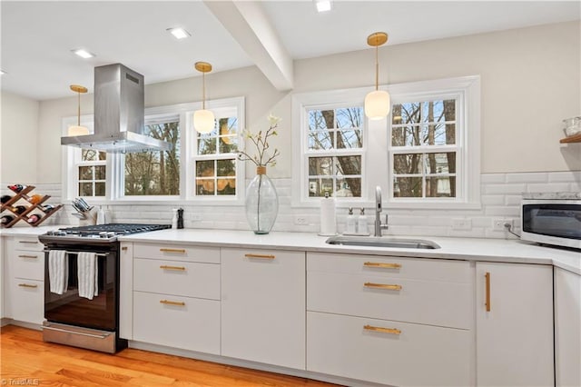 kitchen with sink, hanging light fixtures, island exhaust hood, decorative backsplash, and appliances with stainless steel finishes