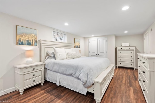 bedroom featuring dark wood-type flooring and a closet