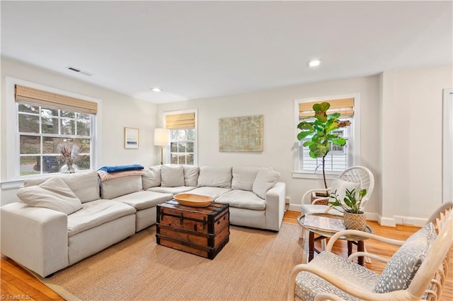 living room featuring a healthy amount of sunlight and light wood-type flooring