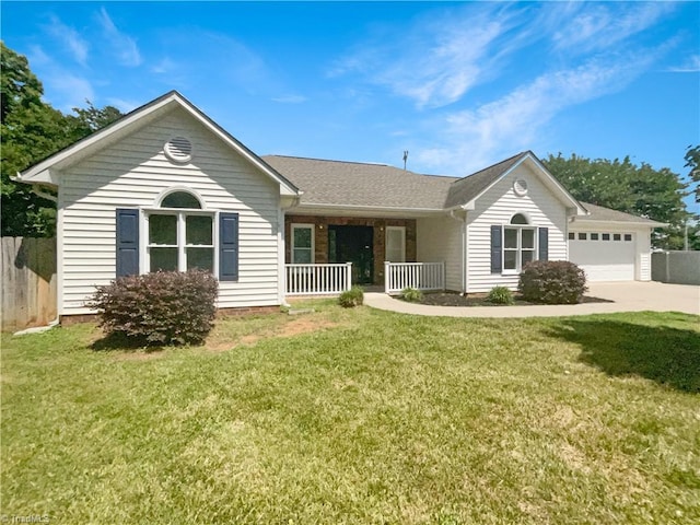 single story home featuring a porch, a garage, and a front lawn