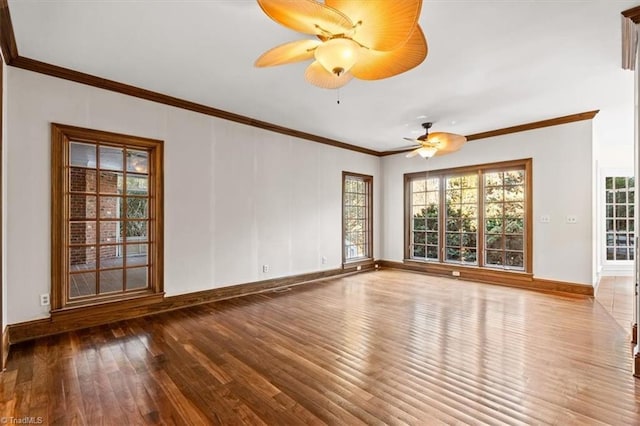 unfurnished room featuring ceiling fan, crown molding, and hardwood / wood-style flooring