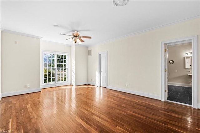 interior space featuring ceiling fan, hardwood / wood-style floors, and crown molding