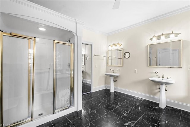 bathroom with a shower with door and ornamental molding