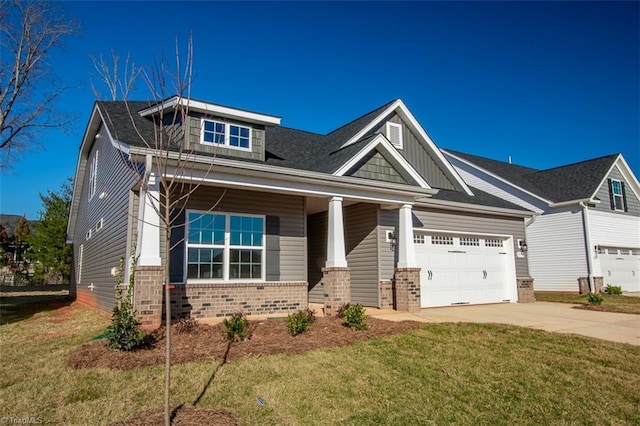 craftsman-style house with a porch, a garage, and a front lawn