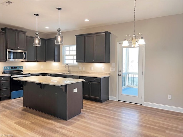 kitchen with a kitchen island, a sink, visible vents, light wood-style floors, and appliances with stainless steel finishes