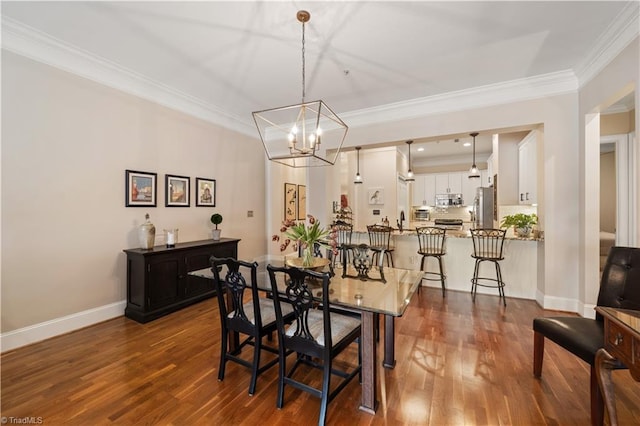 dining area with baseboards, dark wood-style floors, and ornamental molding