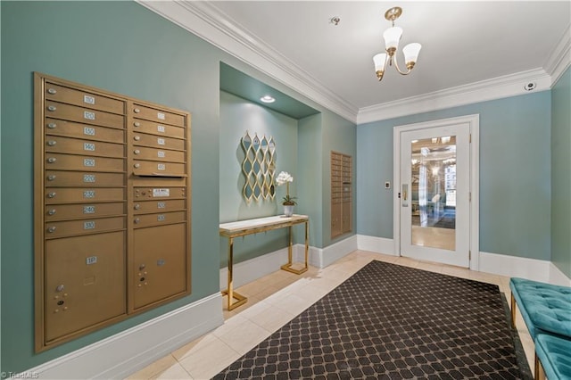 interior space with tile patterned floors, mail area, crown molding, and baseboards